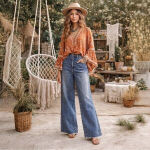 Lucky & Blessed High Rise Wide Leg Jeans Size 14 Boho Western Denim NWT